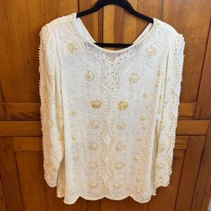 Vintage Elegant Formal Cream Top w/Beads, Sequins & Pearls, 14-Delicate, Neutral